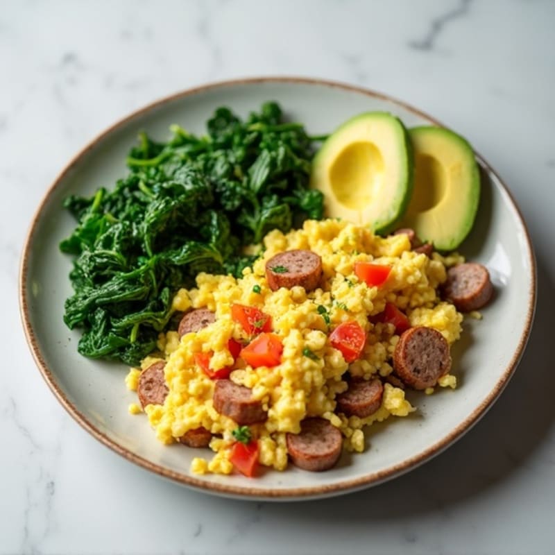 Egg White and Turkey Sausage Scramble with Sautéed Spinach