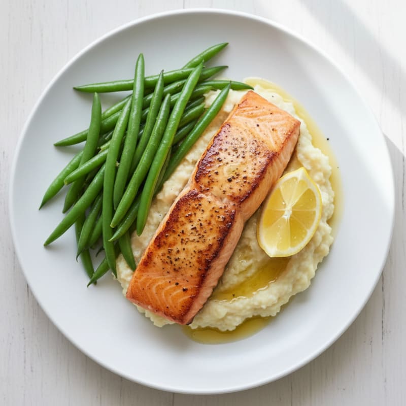Seared Salmon with Steamed Green Beans and Garlic Cauliflower Mash