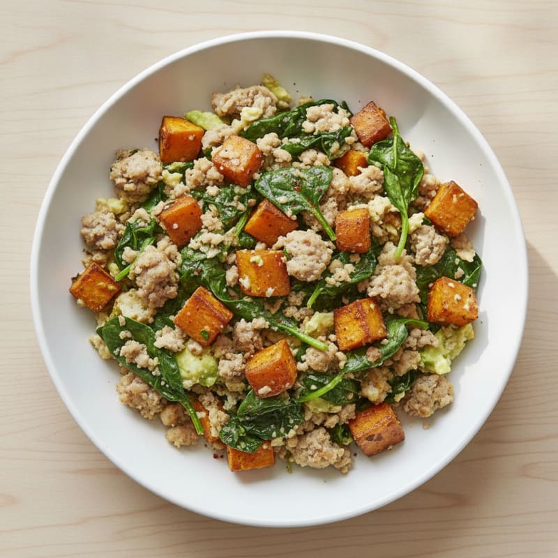 Egg White and Turkey Sausage Scramble with Spinach and Sweet Potato