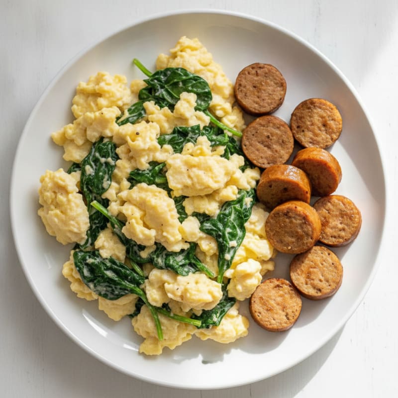 Creamy Scrambled Eggs with Sautéed Spinach and Turkey Sausage