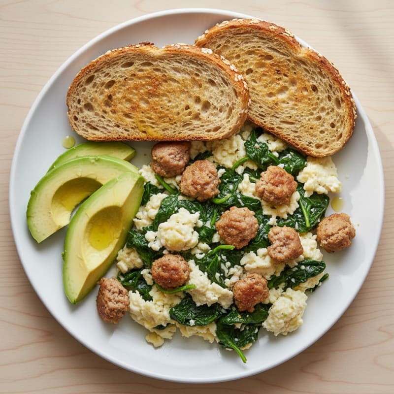 Egg White Spinach Scramble with Turkey Sausage
