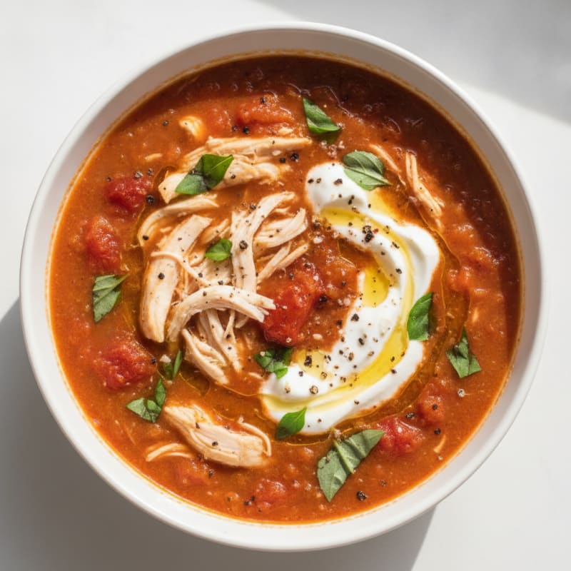 Roasted Tomato Basil Soup with Shredded Chicken