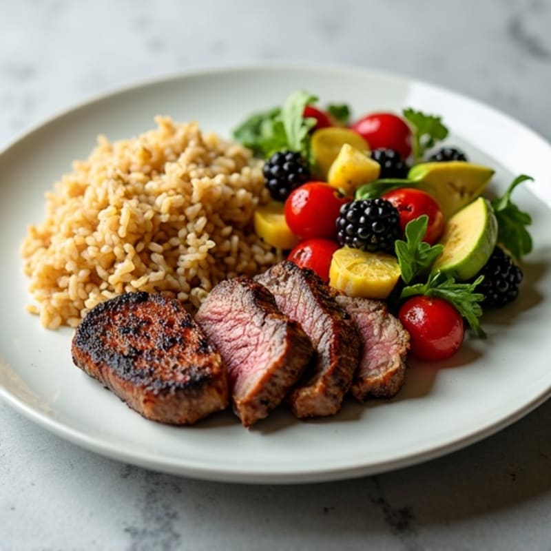 Seared Steak with Roasted Vegetables and Brown Rice