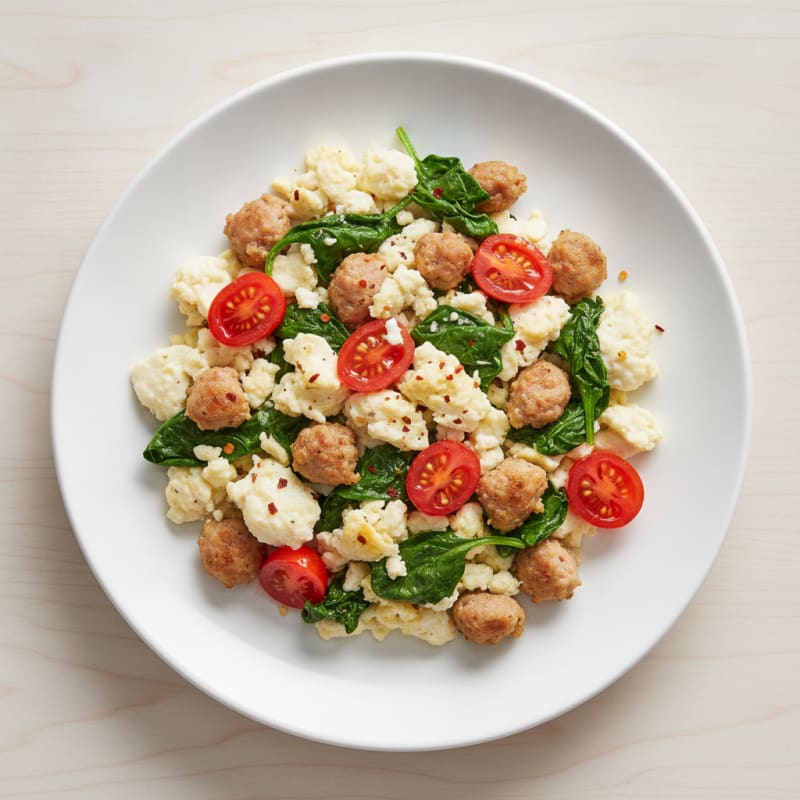 Egg White and Turkey Sausage Scramble with Sautéed Spinach