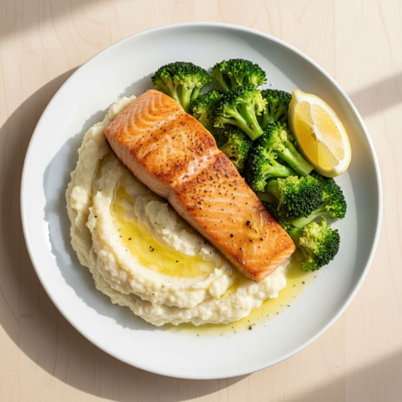 Seared Salmon with Steamed Broccoli and Garlic Cauliflower Mash