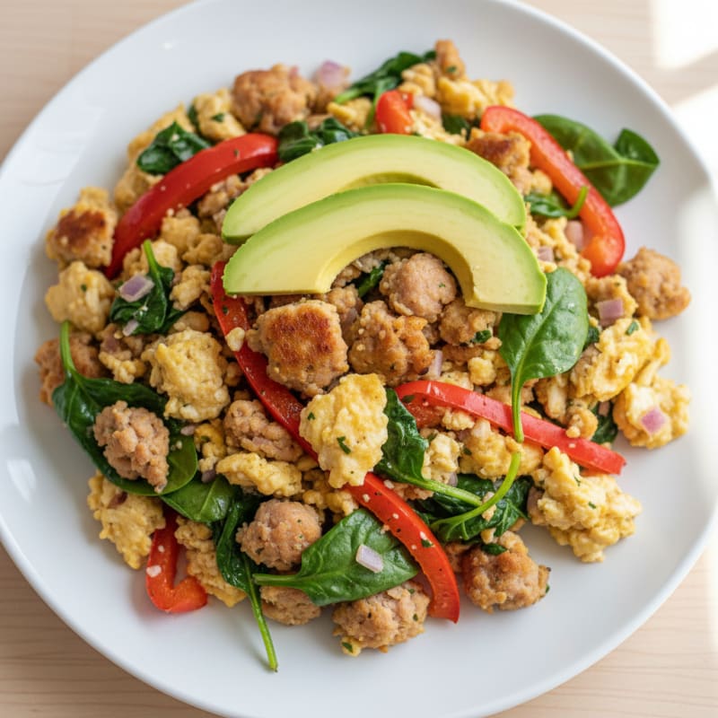 Egg White and Turkey Sausage Scramble with Spinach and Peppers