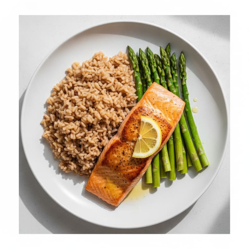 Seared Salmon Fillet with Steamed Asparagus and Brown Rice