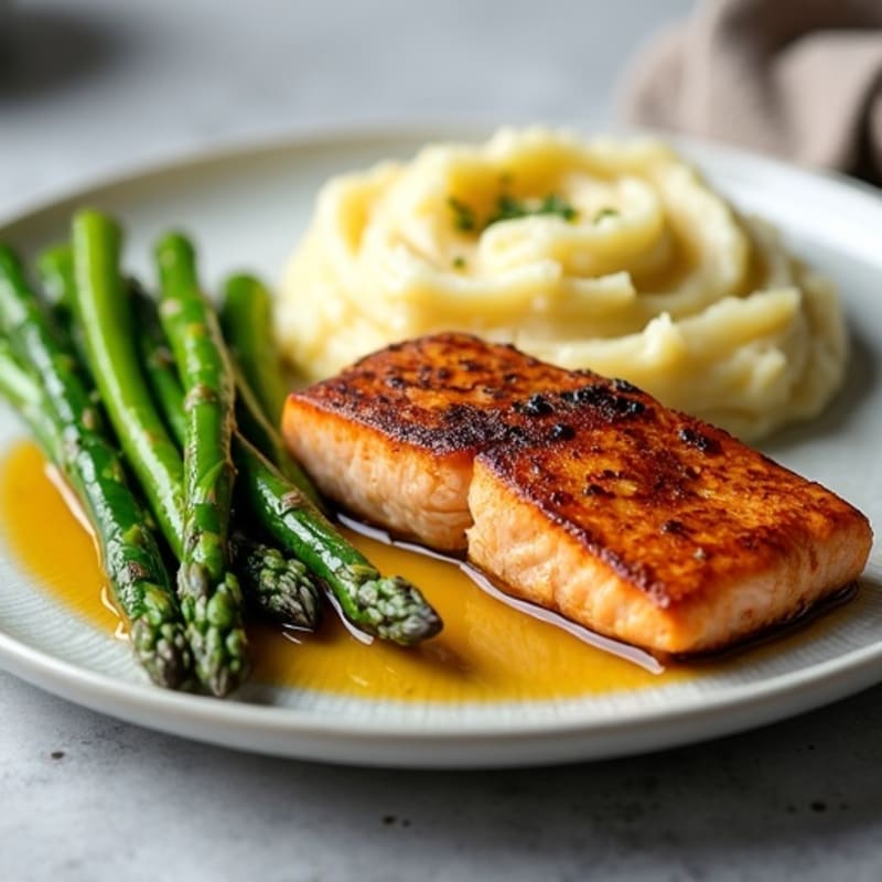 Seared Salmon Fillet with Steamed Asparagus and Garlic Mashed Potatoes