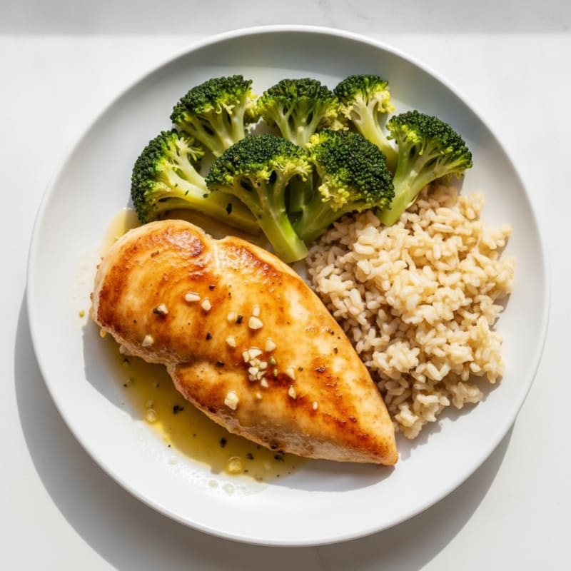 Lemon Garlic Pan Seared Chicken with Steamed Broccoli and Brown Rice