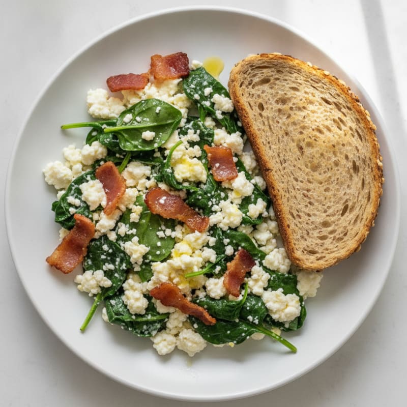 Cottage Cheese Egg White Scramble with Spinach and Turkey Bacon