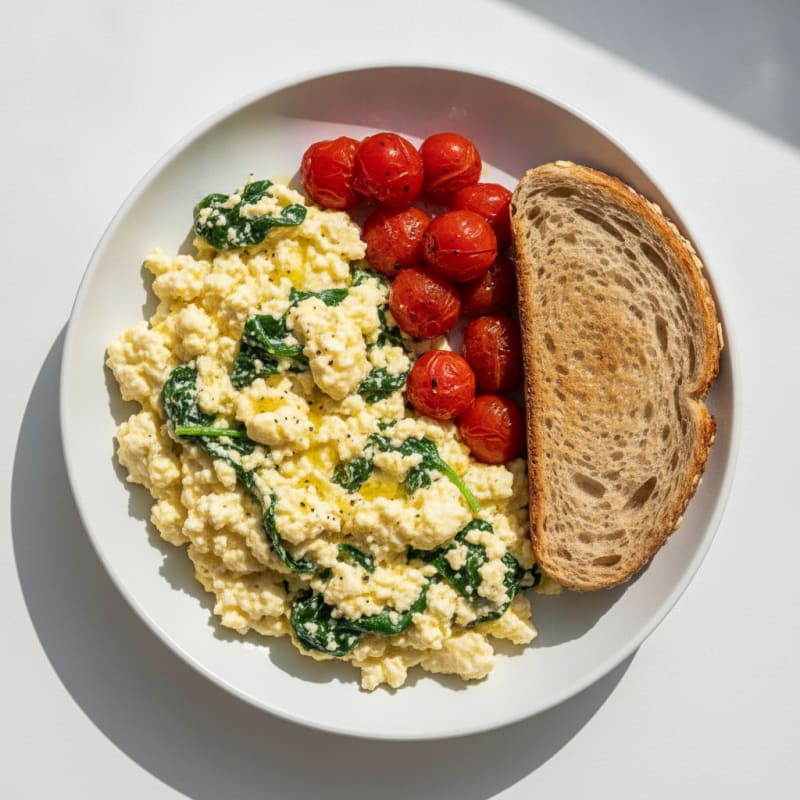 Cottage Cheese Scramble with Spinach and Cherry Tomatoes