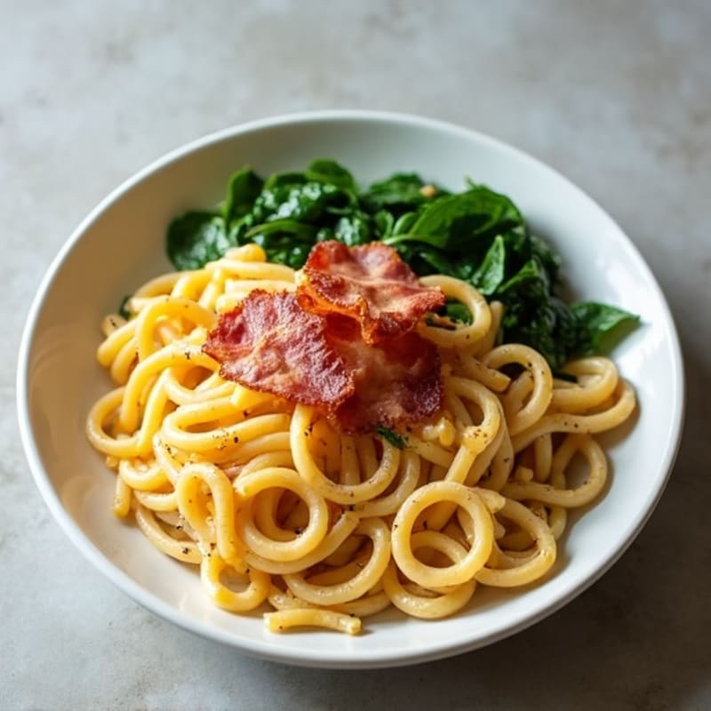 Whole Wheat Pasta with Creamy Egg Sauce, Crispy Turkey Bacon, and Sautéed Spinach
