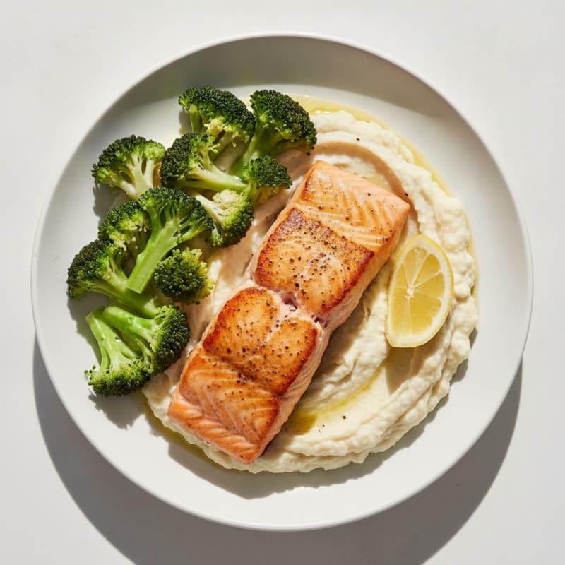 Seared Salmon with Steamed Broccoli and Garlic Cauliflower Mash