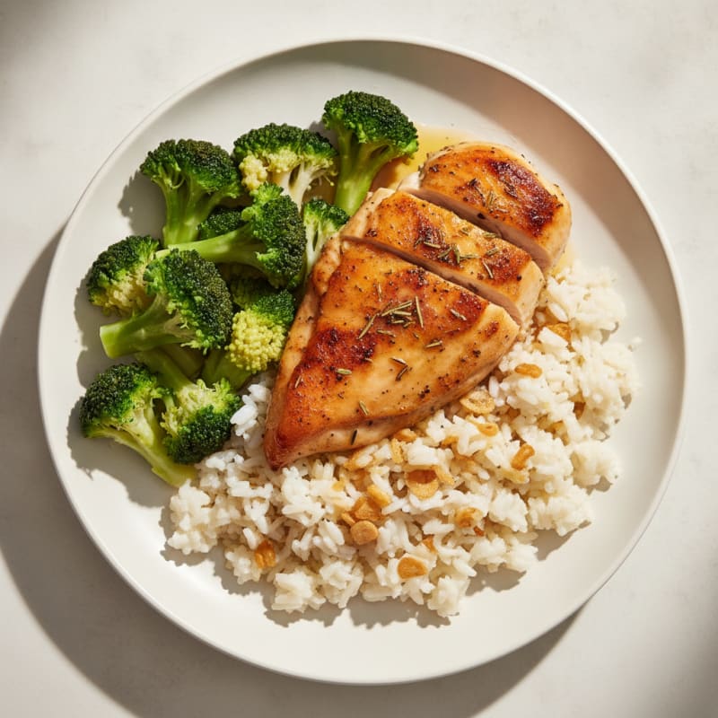 Herb-Roasted Chicken Breast with Garlic Rice and Steamed Broccoli