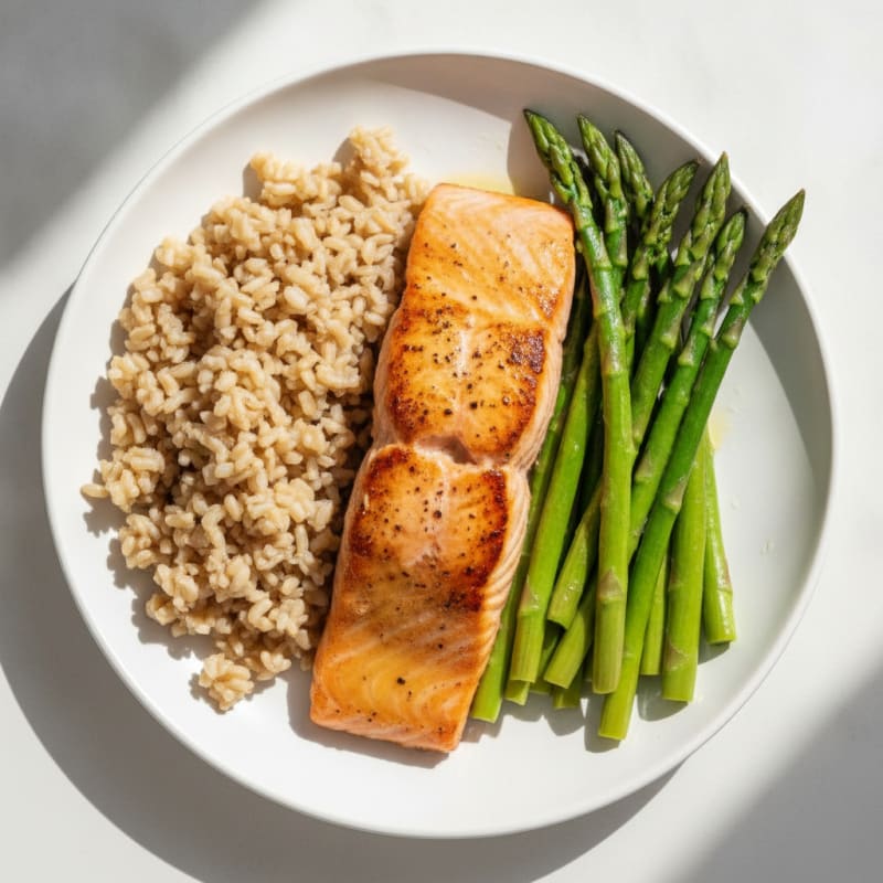 Seared Salmon with Steamed Asparagus and Brown Rice