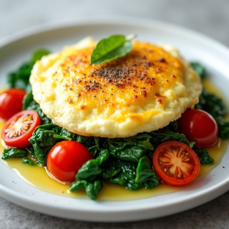 Fluffy Egg White Omelet with Sautéed Spinach and Cherry Tomatoes