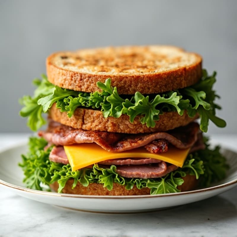 Stacked Lean Roast Beef and Sharp Cheddar Whole Grain Sandwich with Crispy Greens