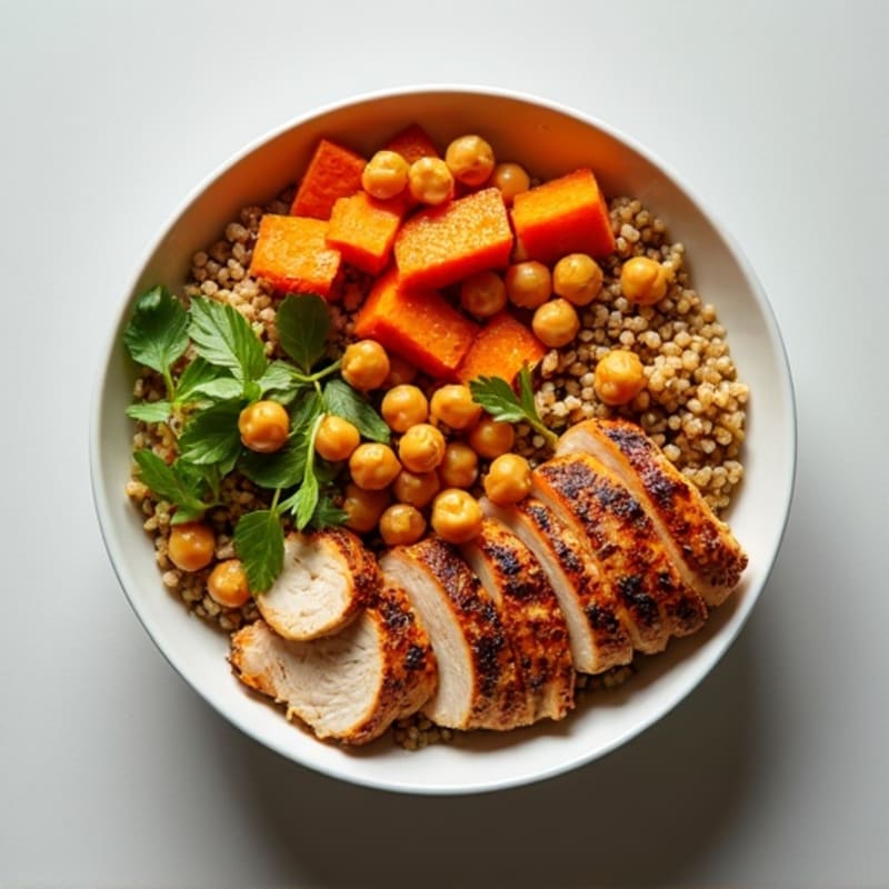 Roasted Sweet Potato Quinoa Bowl with Crispy Chickpeas and Grilled Chicken