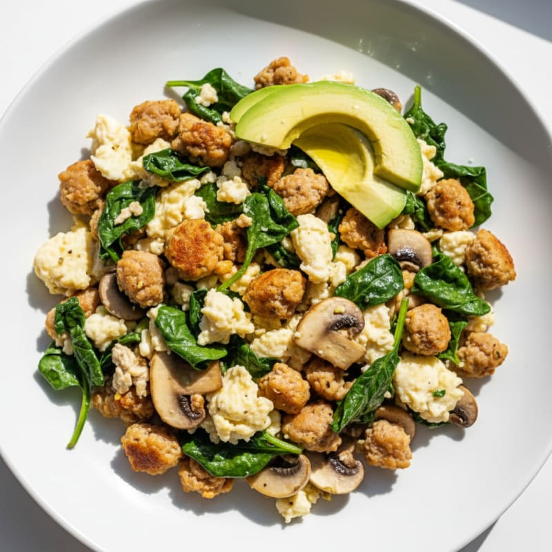 Egg White and Turkey Sausage Scramble with Spinach and Mushrooms