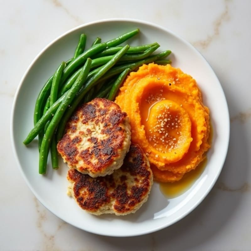 Seared Turkey Patties with Steamed Green Beans and Sweet Potato Mash