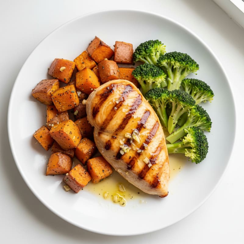 Grilled Lemon-Garlic Chicken Breast with Roasted Sweet Potato and Steamed Broccoli