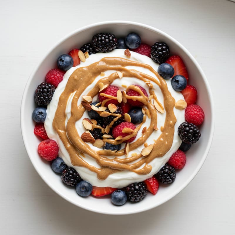 Greek Yogurt Protein Parfait with Mixed Berries and Almond Butter