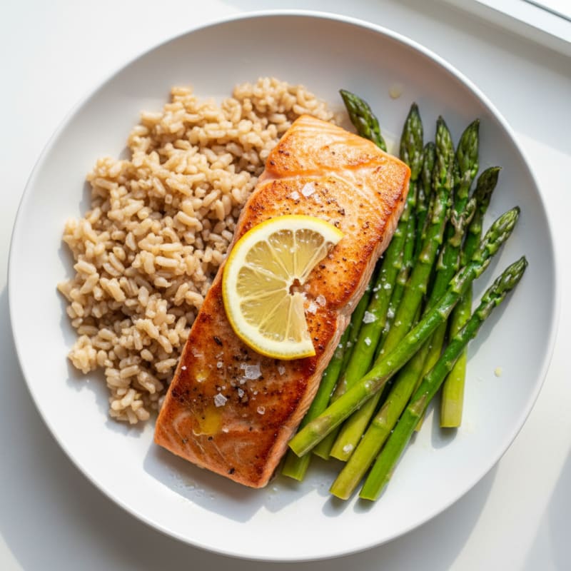 Seared Salmon with Steamed Asparagus and Brown Rice