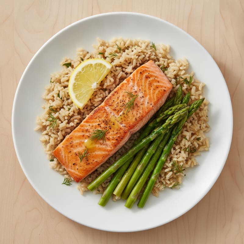 Seared Salmon Filet with Steamed Asparagus and Herbed Brown Rice