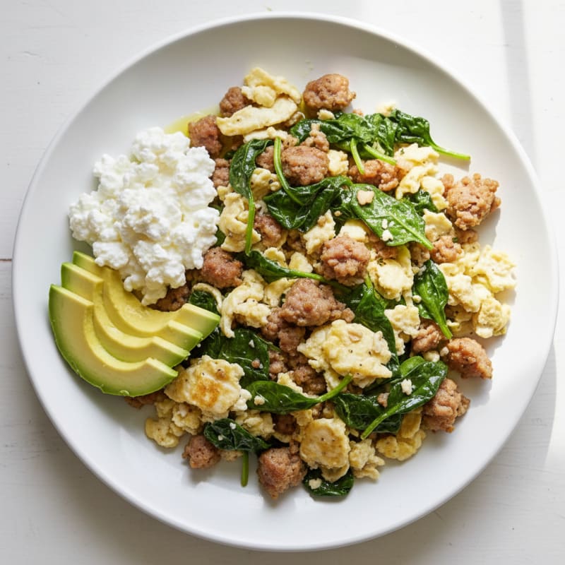 Egg White and Turkey Sausage Scramble with Cottage Cheese and Sautéed Spinach