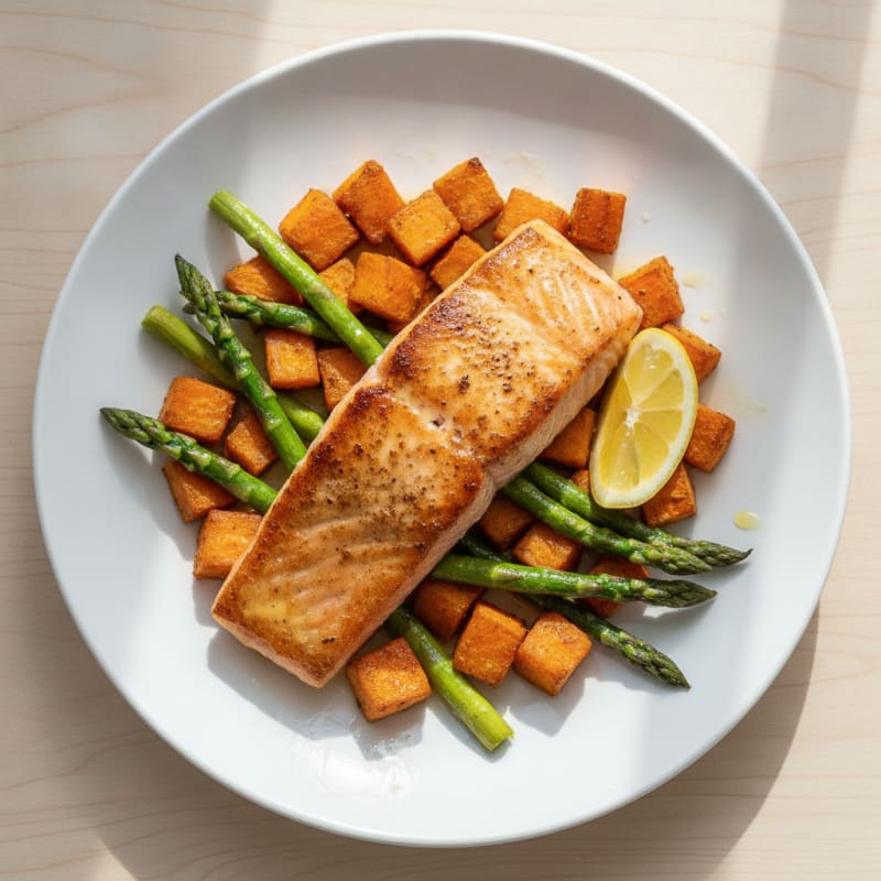 Seared Salmon with Roasted Sweet Potatoes and Asparagus