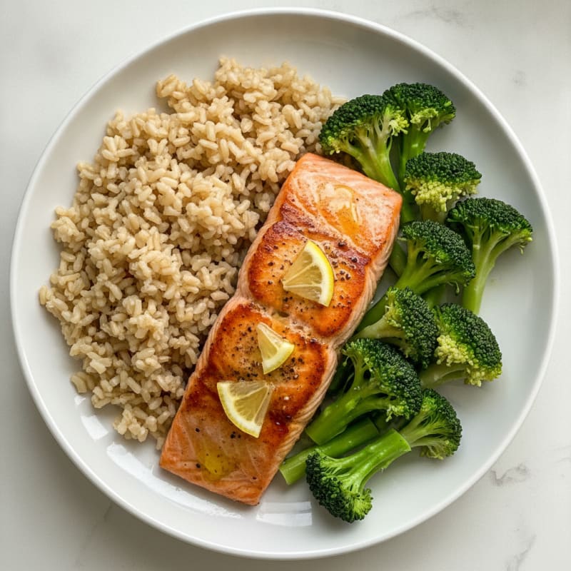 Seared Salmon with Steamed Broccoli and Brown Rice