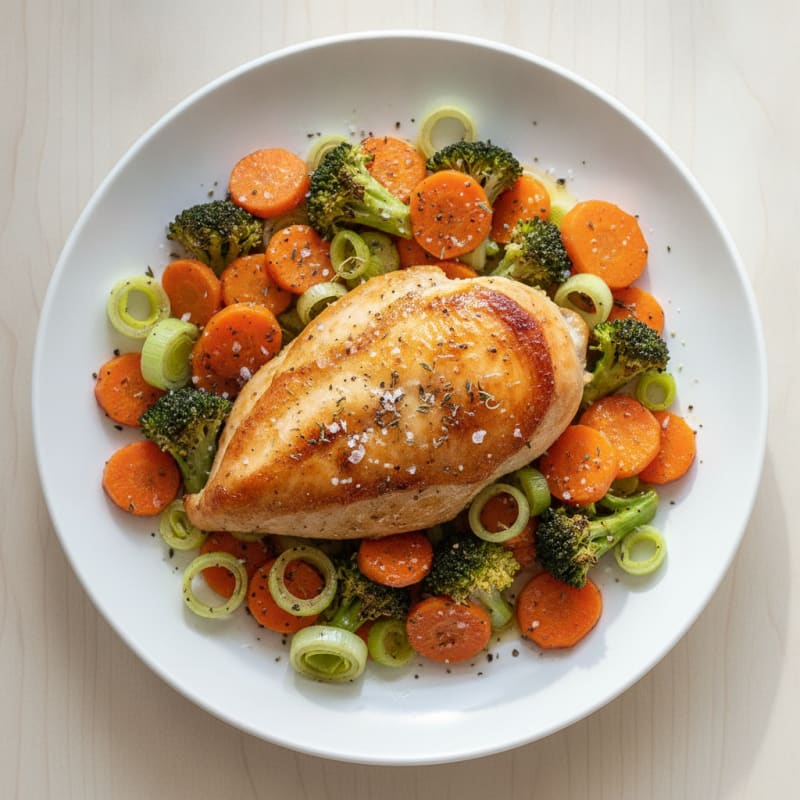 Roasted Chicken with Carrot Leek Broccoli Medley