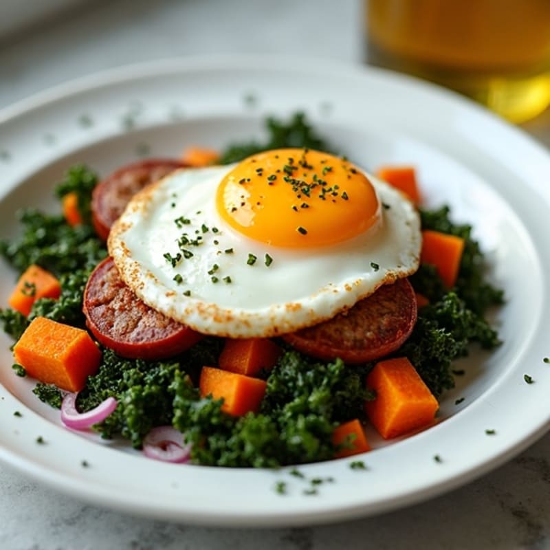 Sweet Potato Hash with Crispy Eggs and Sautéed Greens