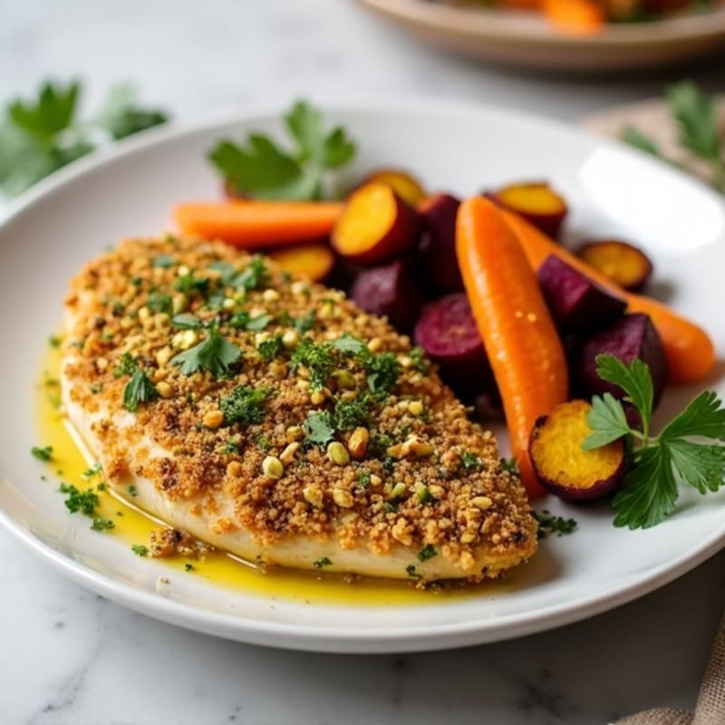 Crispy Herb-Pistachio Crusted Chicken with Roasted Root Vegetables