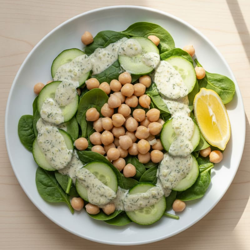 Chickpea Spinach Salad with Creamy Cottage Cheese Dressing