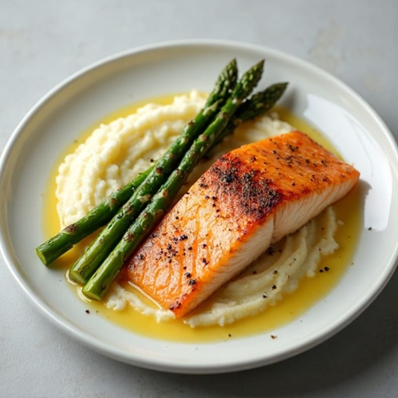 Seared Salmon with Roasted Asparagus and Cauliflower Mash