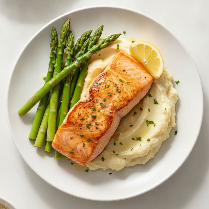 Seared Salmon with Steamed Asparagus and Cauliflower Mash