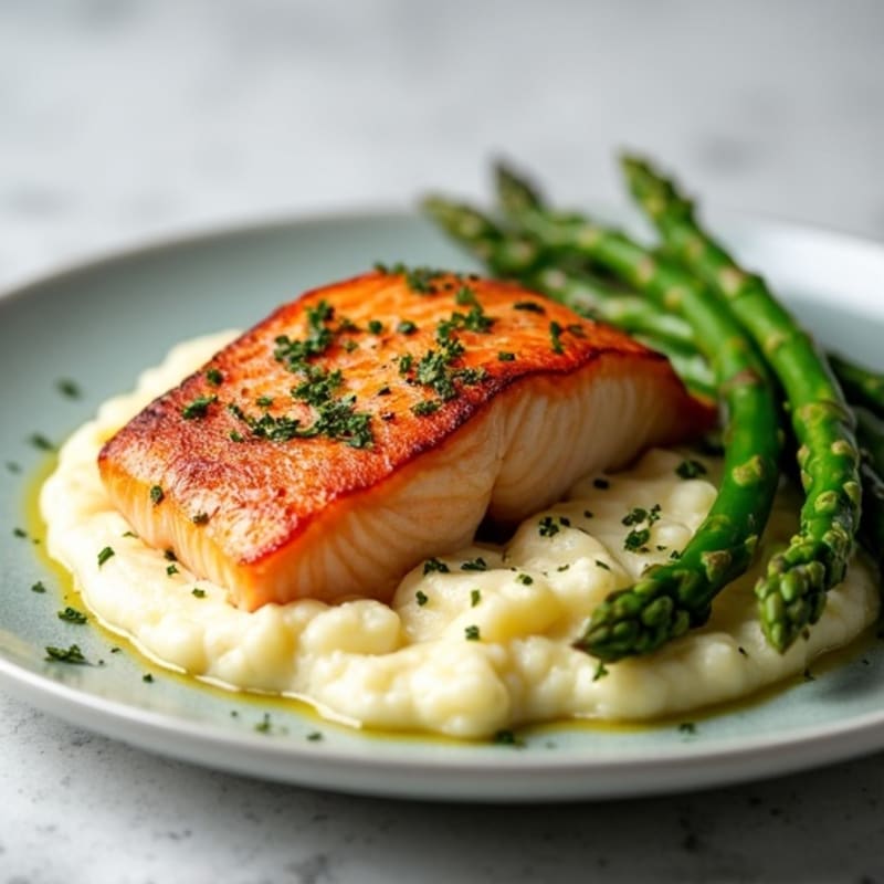 Seared Salmon with Steamed Asparagus and Cauliflower Mash