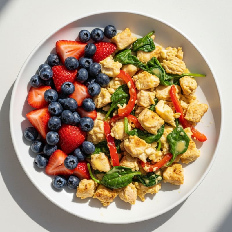 Egg White and Chicken Veggie Scramble with Fresh Berries