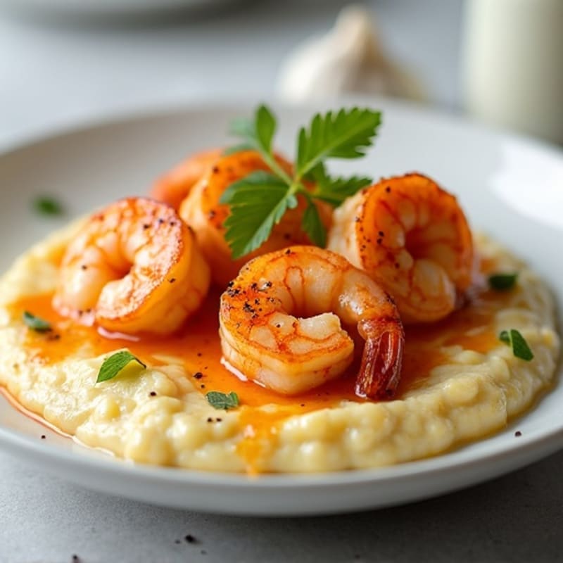 Creamy Cauliflower Grits with Spicy Garlic Shrimp