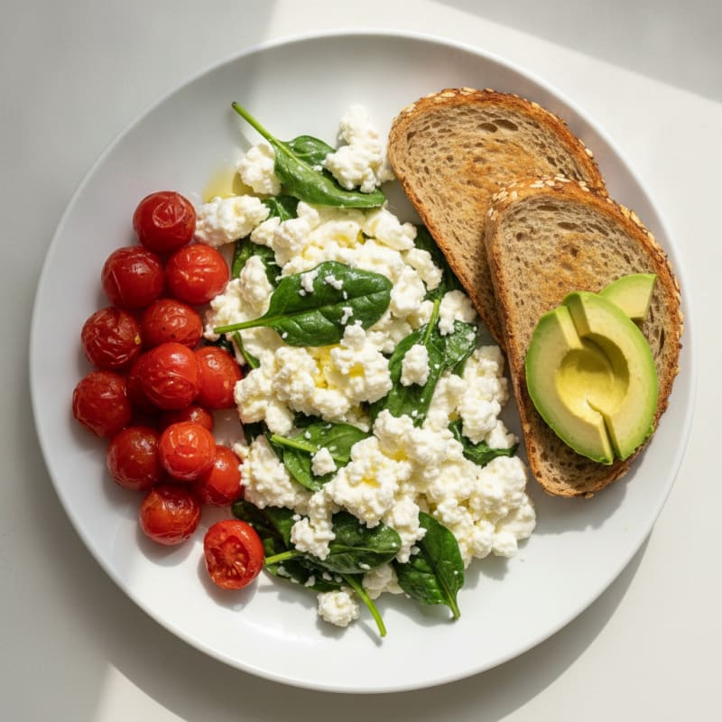 Egg White Spinach Scramble with Cottage Cheese and Cherry Tomatoes
