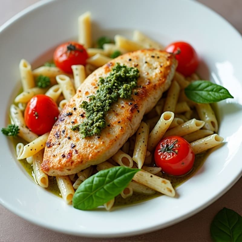 Pan-Seared Chicken with Creamy Pesto Whole Wheat Pasta and Blistered Tomatoes