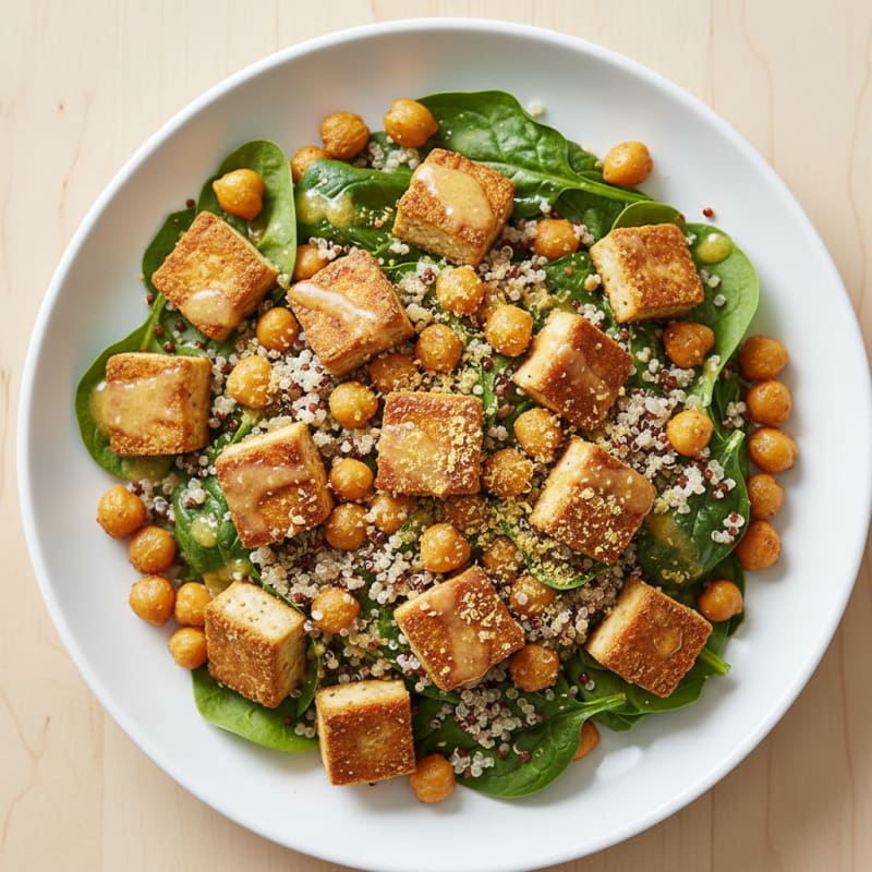 Crispy Tofu and Quinoa Power Salad with Roasted Chickpeas