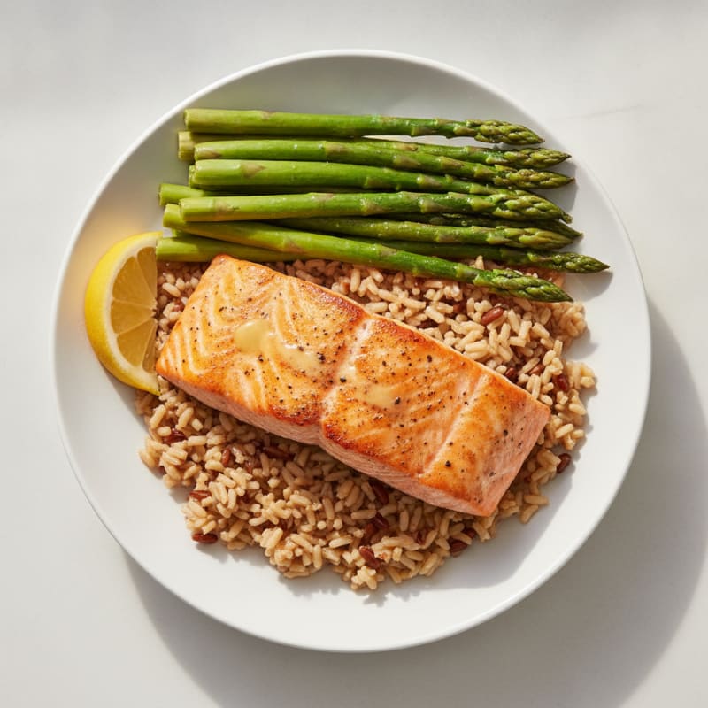 Seared Salmon with Steamed Asparagus and Brown Rice