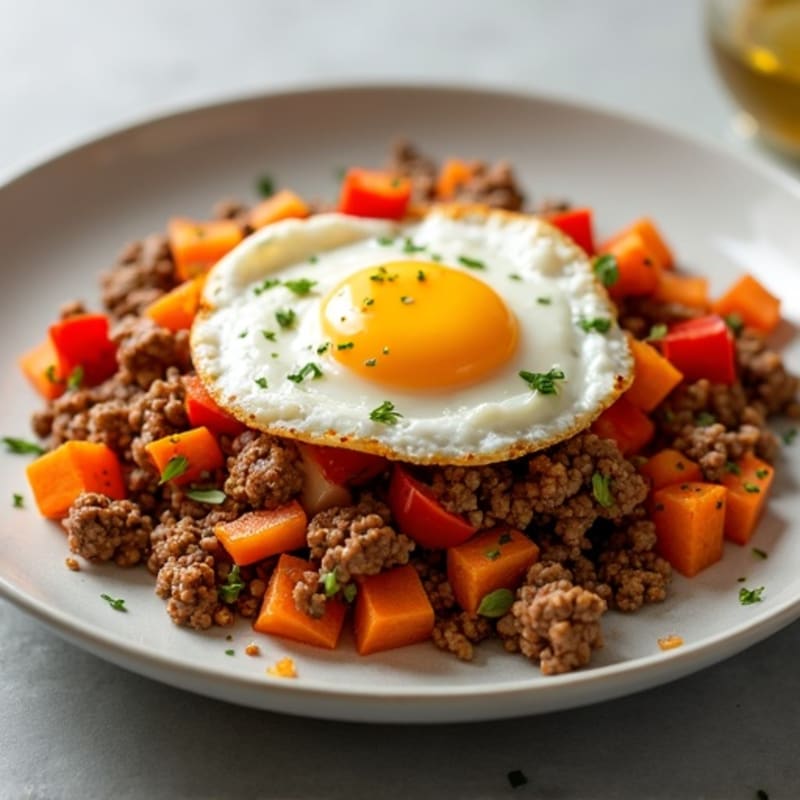 Lean Ground Beef and Crispy Sweet Potato Hash