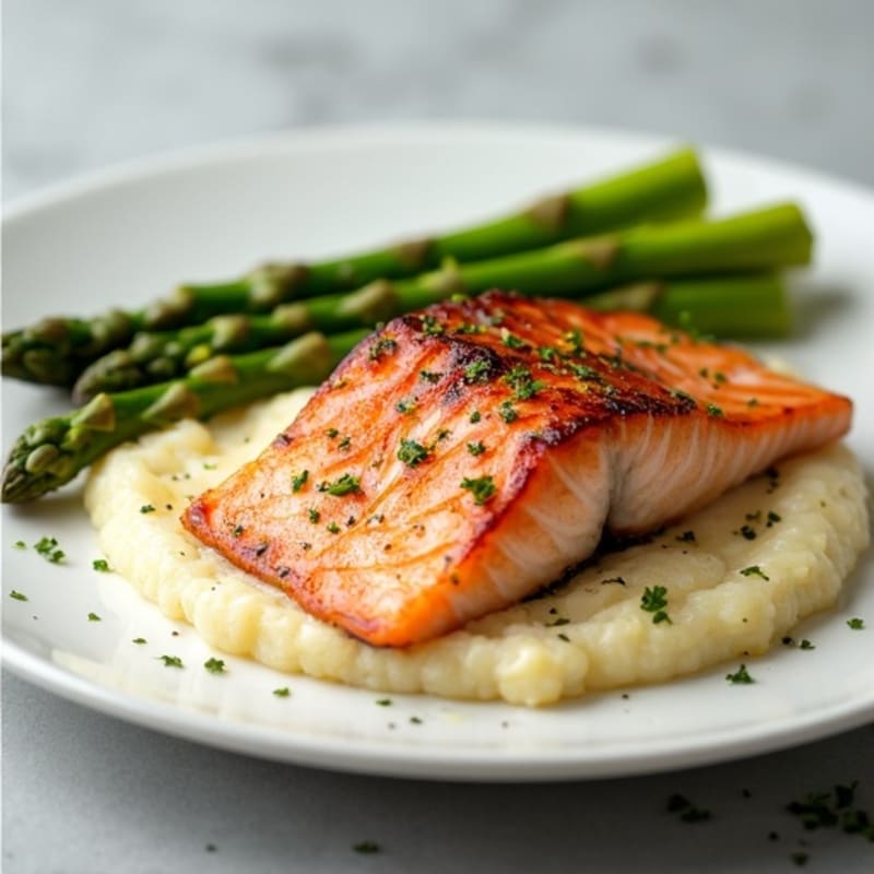 Seared Salmon with Steamed Asparagus and Cauliflower Mash