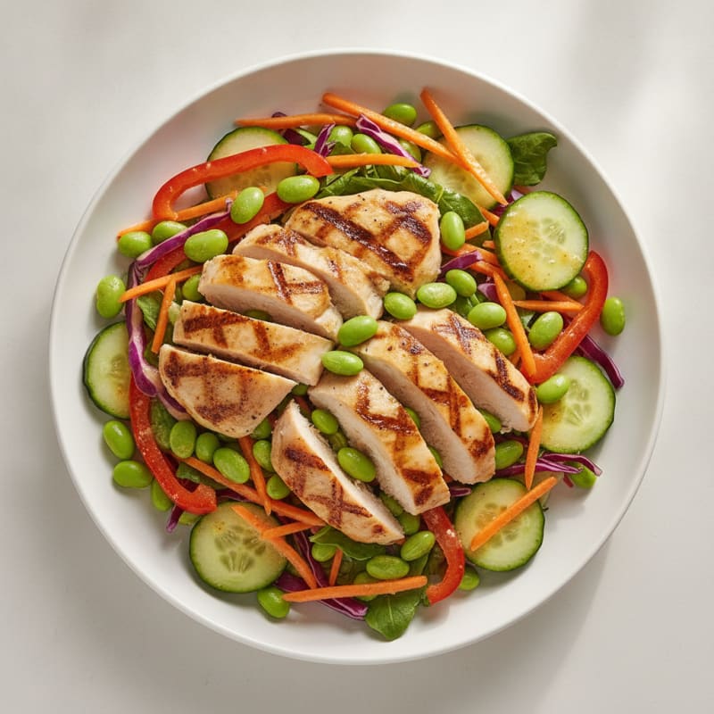 Grilled Chicken Breast Salad with Crunchy Veggies and Edamame