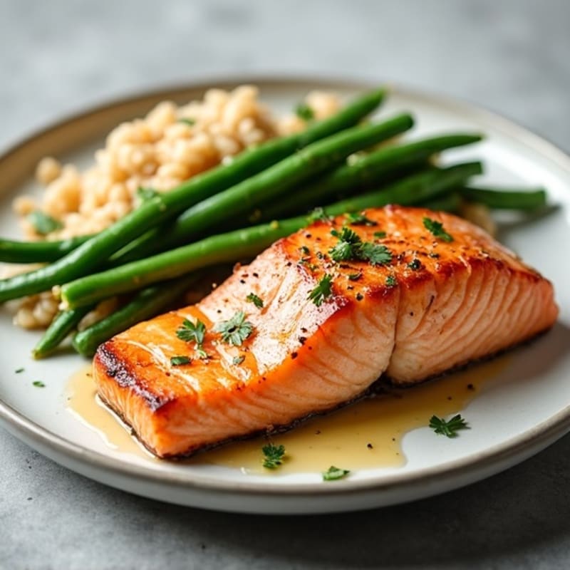 Seared Salmon with Garlic Green Beans and Brown Rice