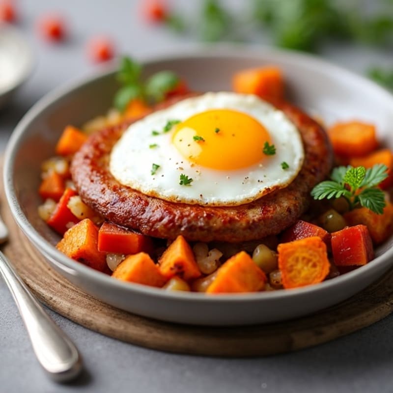 Crispy Sweet Potato and Turkey Sausage Hash with Sunny-Side Up Eggs