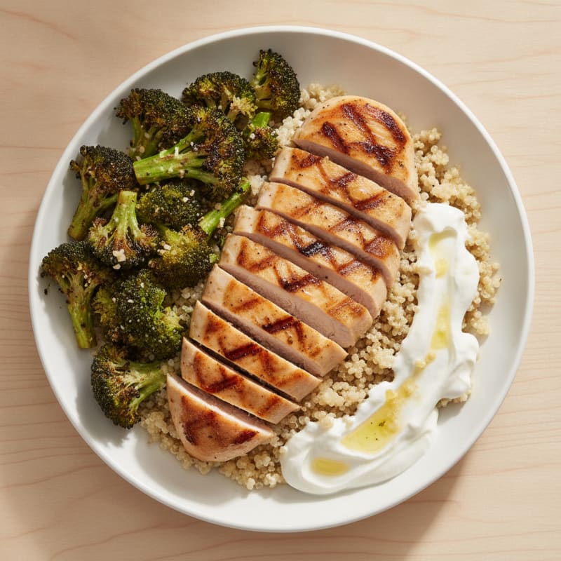 Grilled Chicken Breast with Creamy Quinoa and Roasted Broccoli